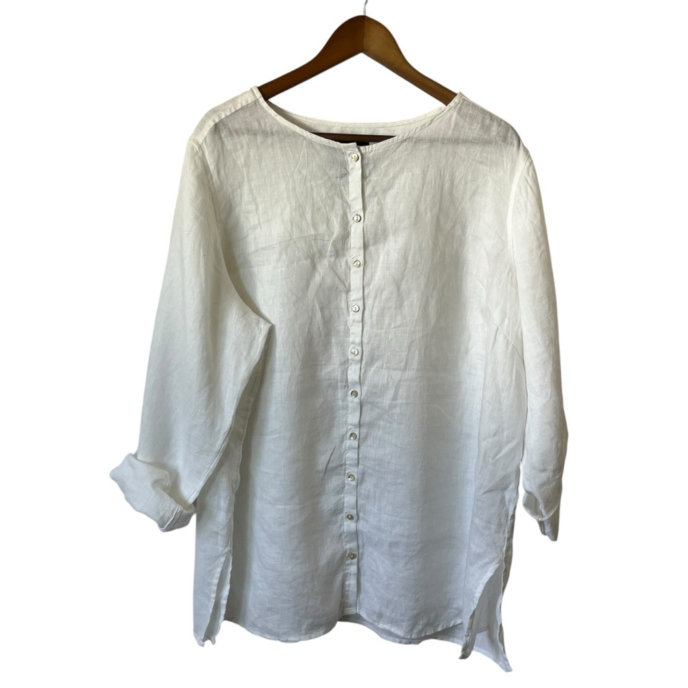 Tahari Women’s White Cuffed Sleeve Mandarin Collar Blouse. Size: 2X Linen